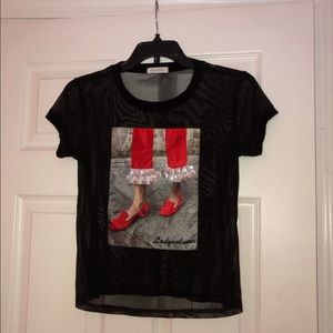 Red and white bling black mesh / sheer shirt